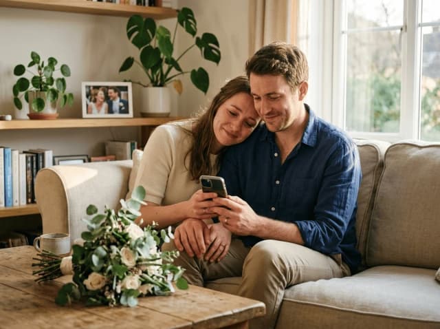 Couple écoutant les messages vocaux de son livre d'or audio de mariage