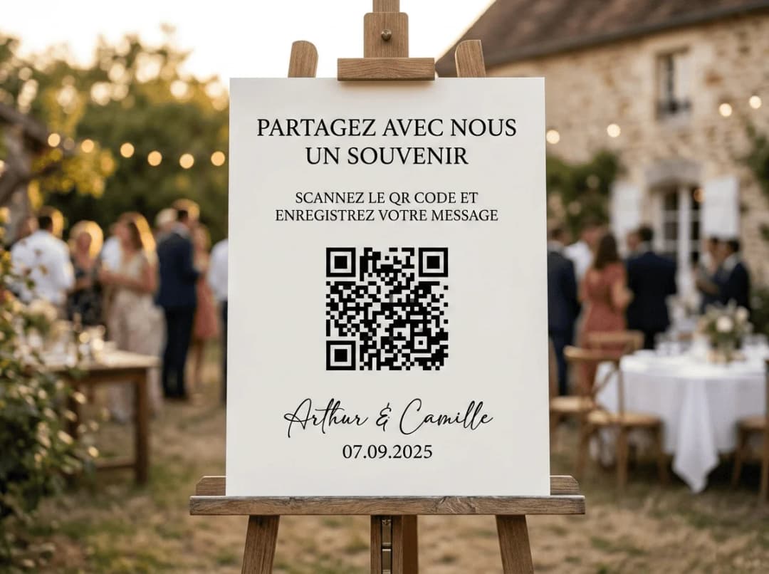 Invitée scannant le QR code d'un livre d'or audio de mariage