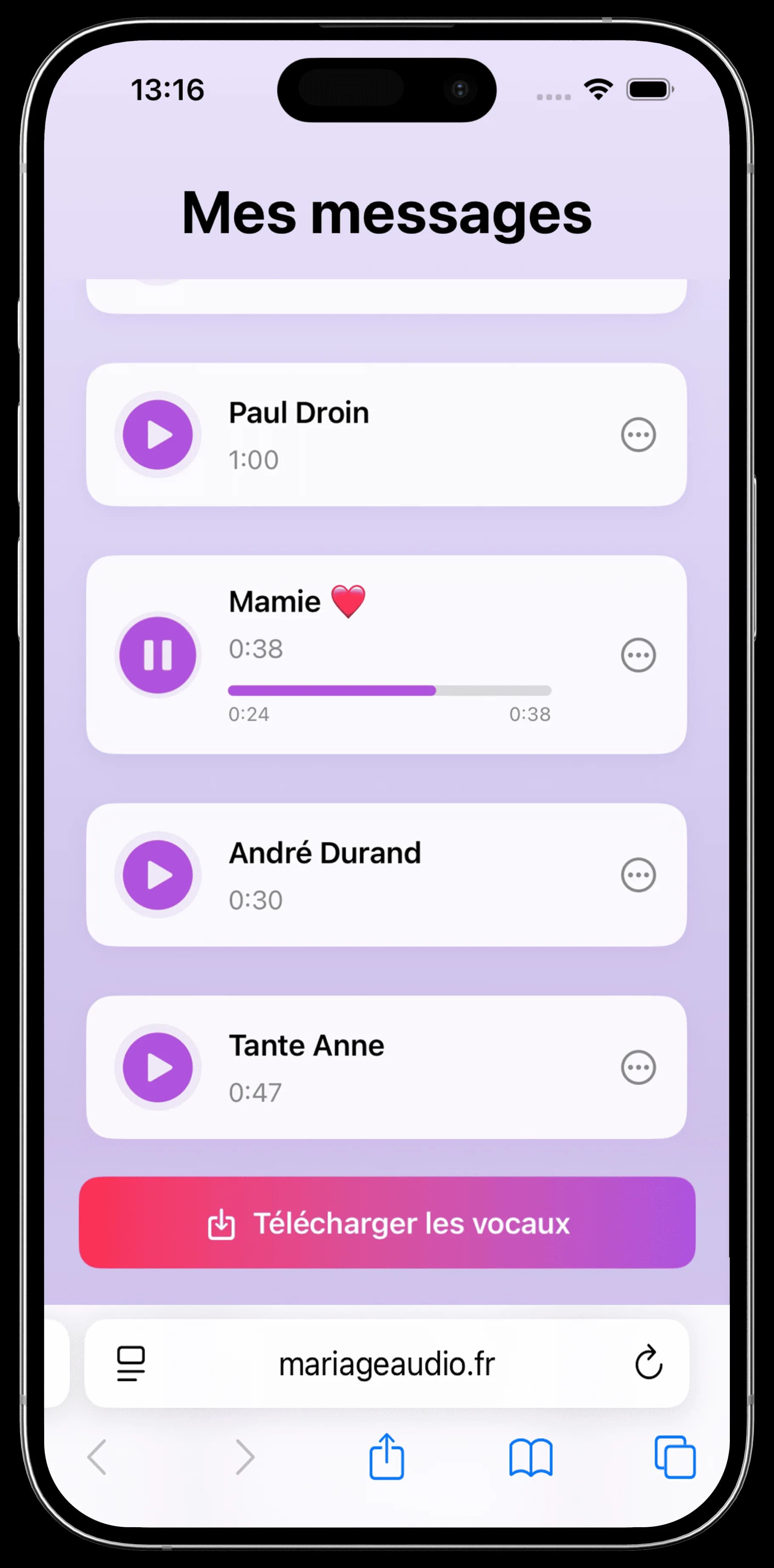 Interface Mariage Audio pour créer un souvenir audio de mariage