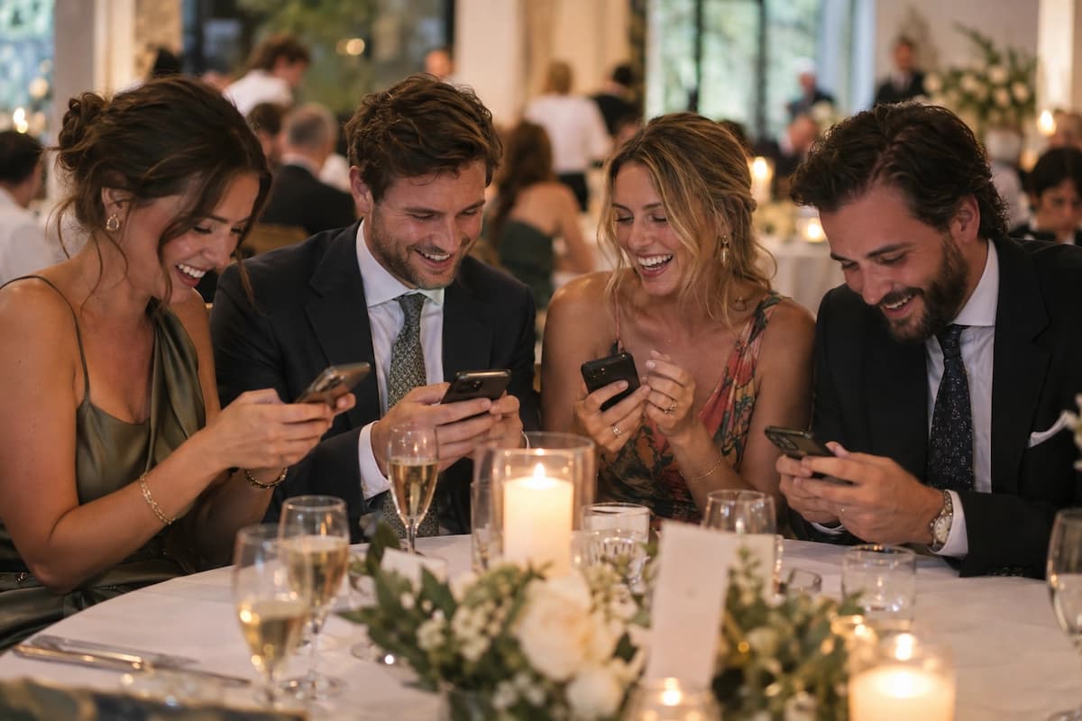 Invités jouant ensemble à un quiz mariage depuis leur téléphone