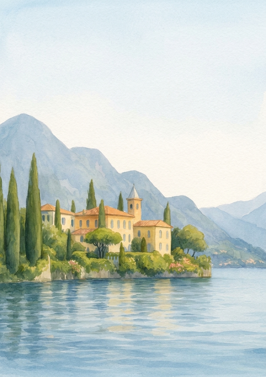 Aquarelle d’une demeure ocre entourée de cyprès, montagnes en arrière-plan