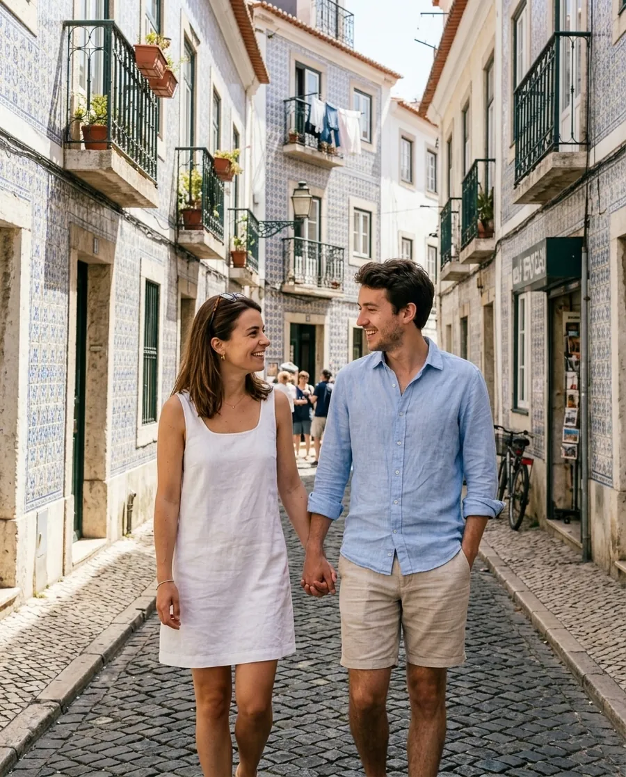 Camille et Antoine dans une rue de Lisbonne