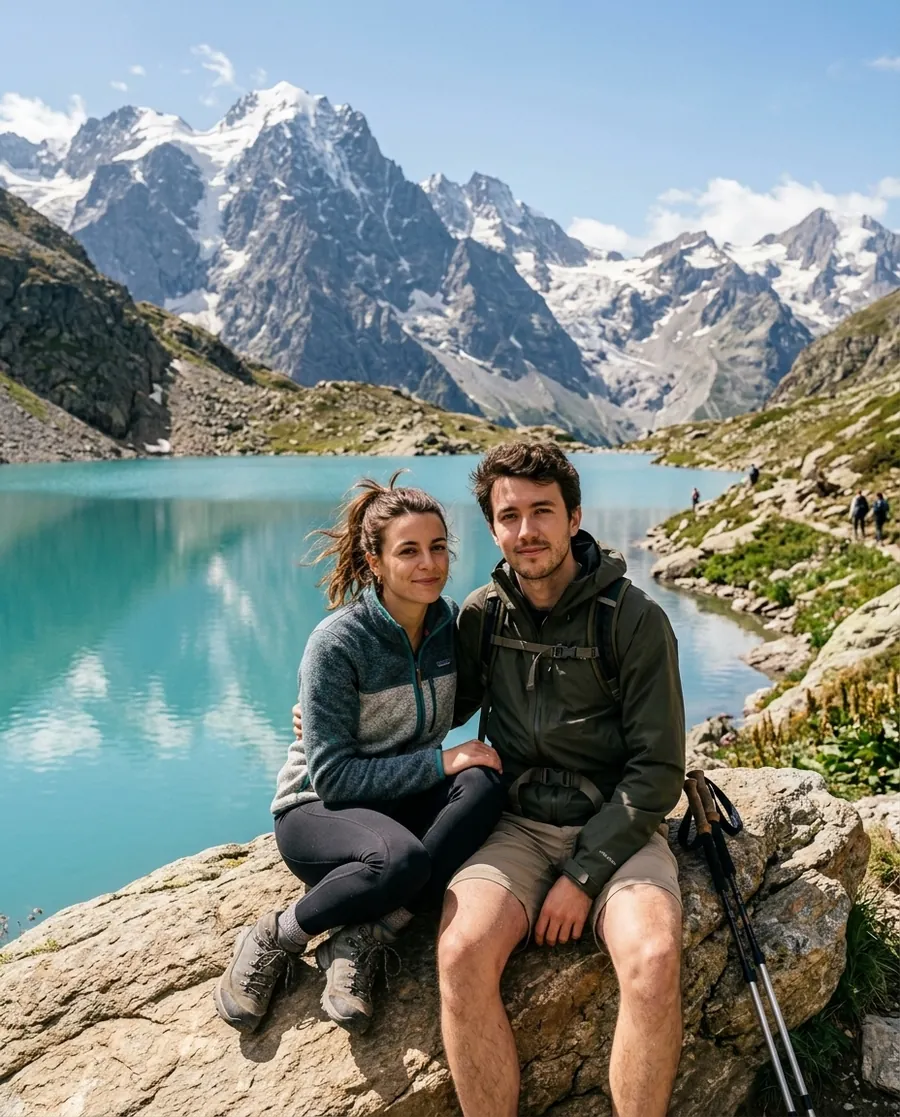 Camille et Antoine en randonnée près d’un lac alpin