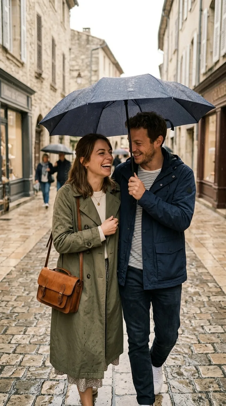 Léa et Matteo sous un parapluie dans une rue pavée