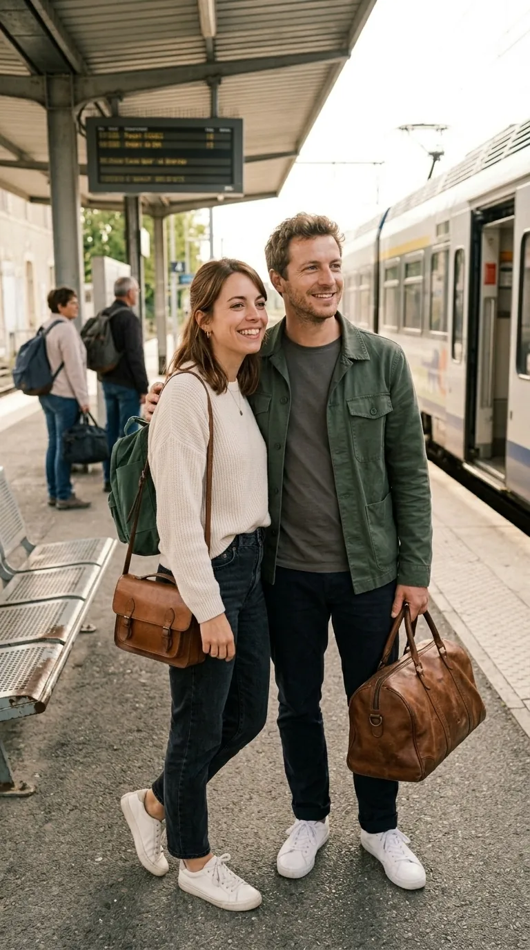 Léa et Matteo sur un quai de gare au départ d’un week-end