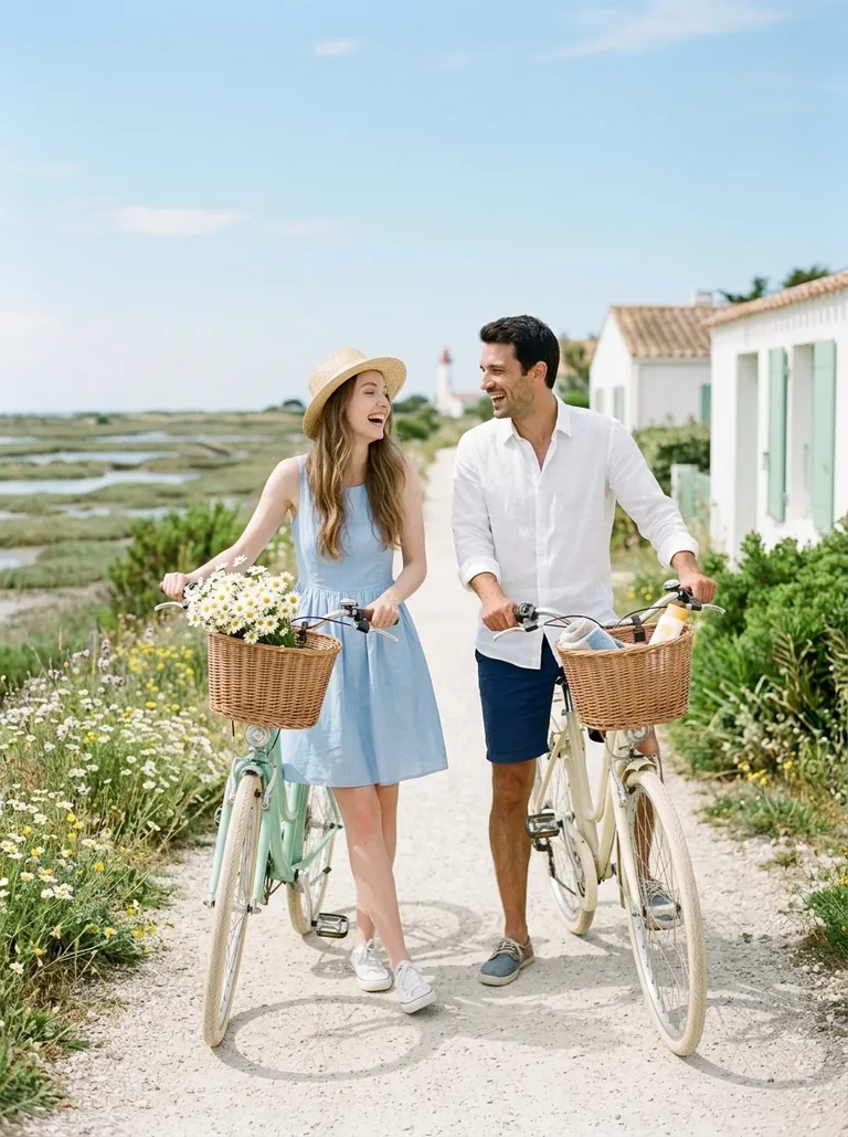 Camille et Antoine à vélo sur un chemin fleuri