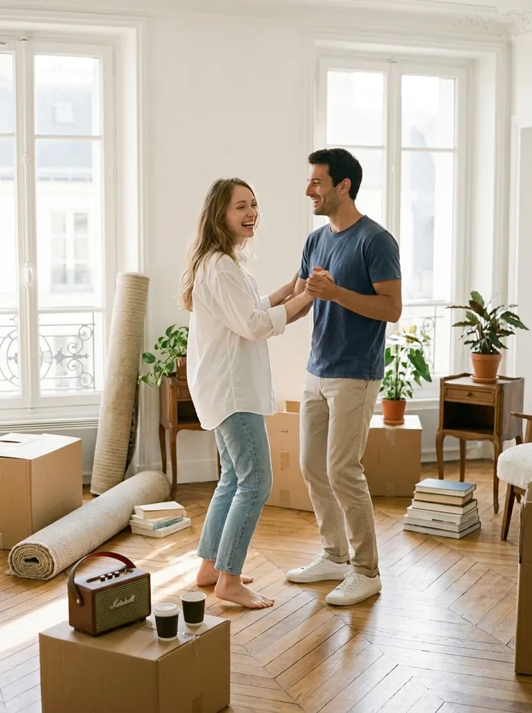 Camille et Antoine dansent dans leur appartement, entre les cartons