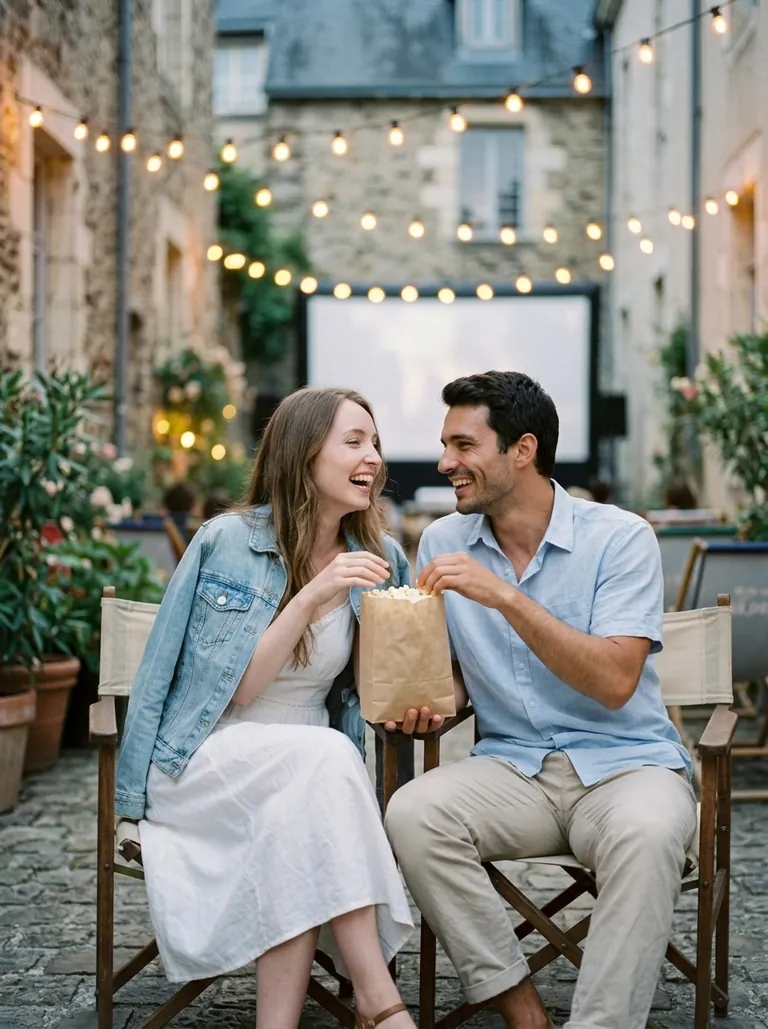 Camille et Antoine devant un écran de cinéma en plein air