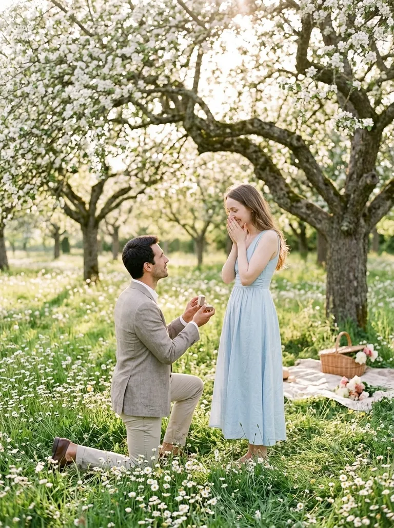 Antoine fait sa demande à Camille sous les pommiers en fleurs