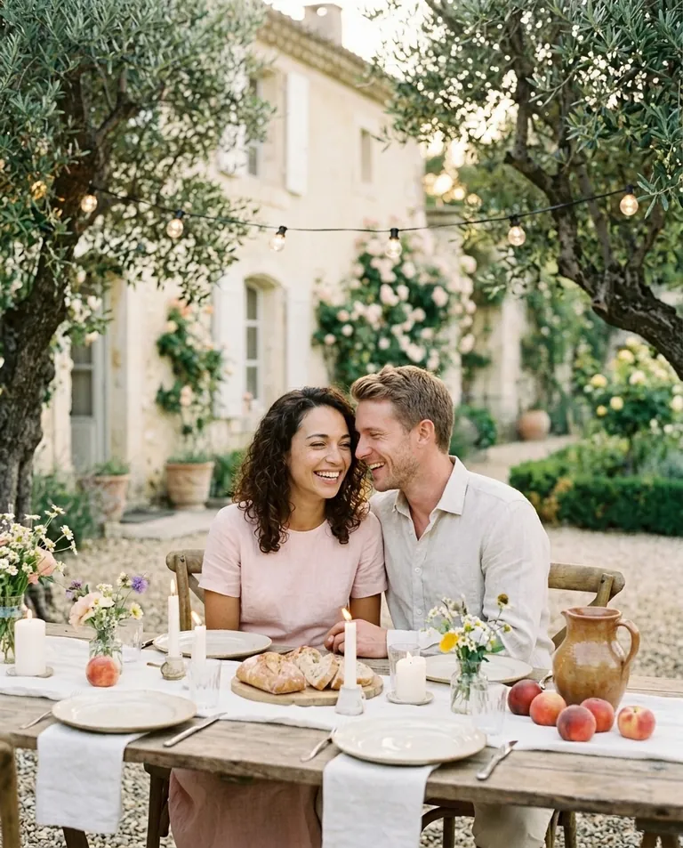 Margaux et Julien à une table dressée sous les oliviers