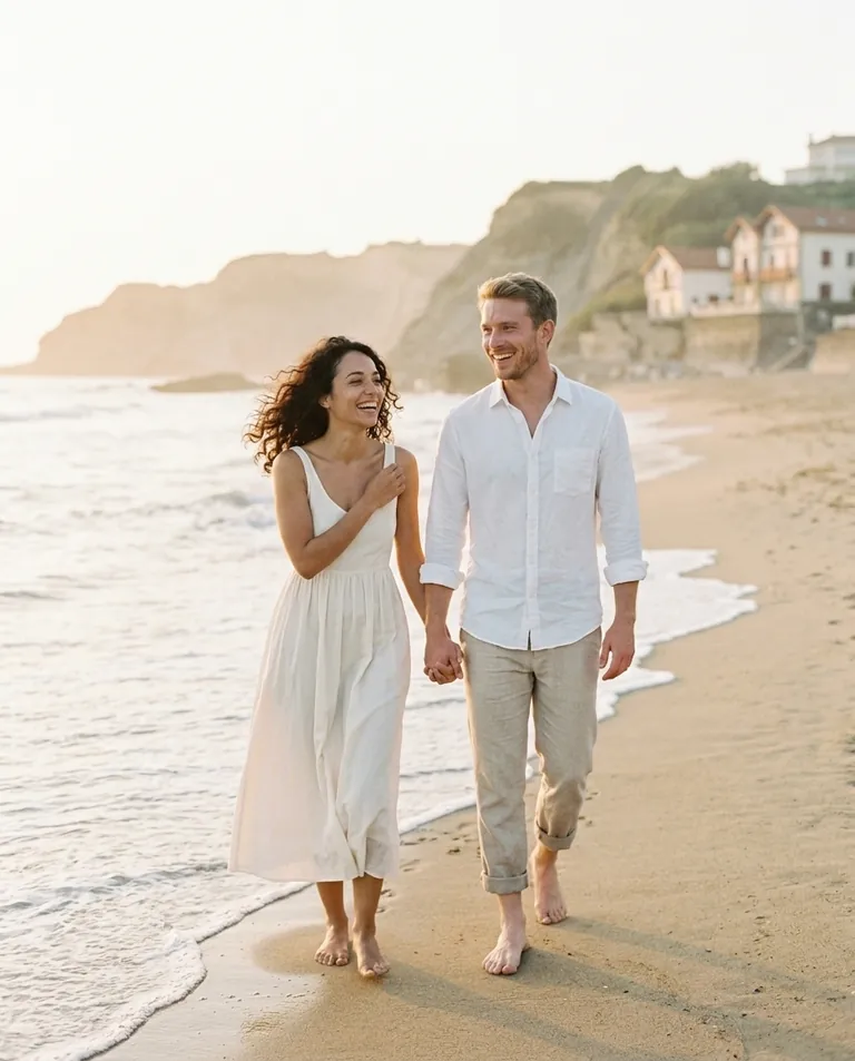Margaux et Julien marchent main dans la main sur une plage