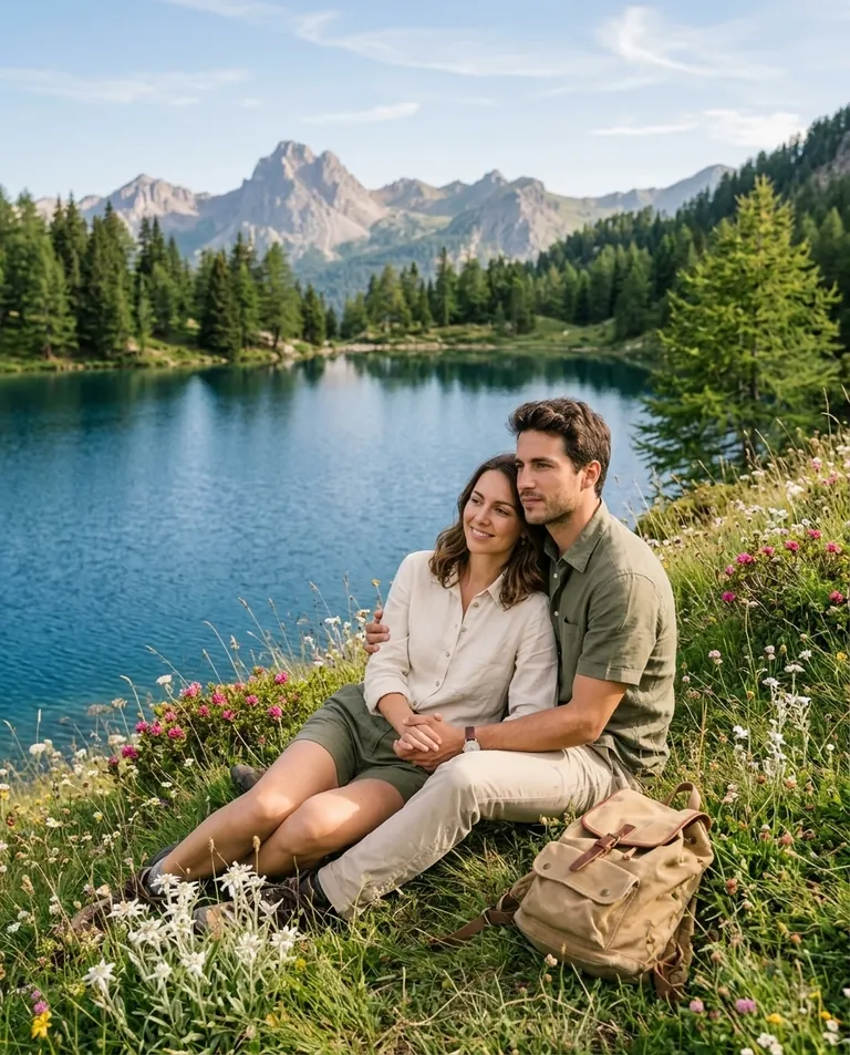 Clémence et Hugo assis au bord d’un lac de montagne