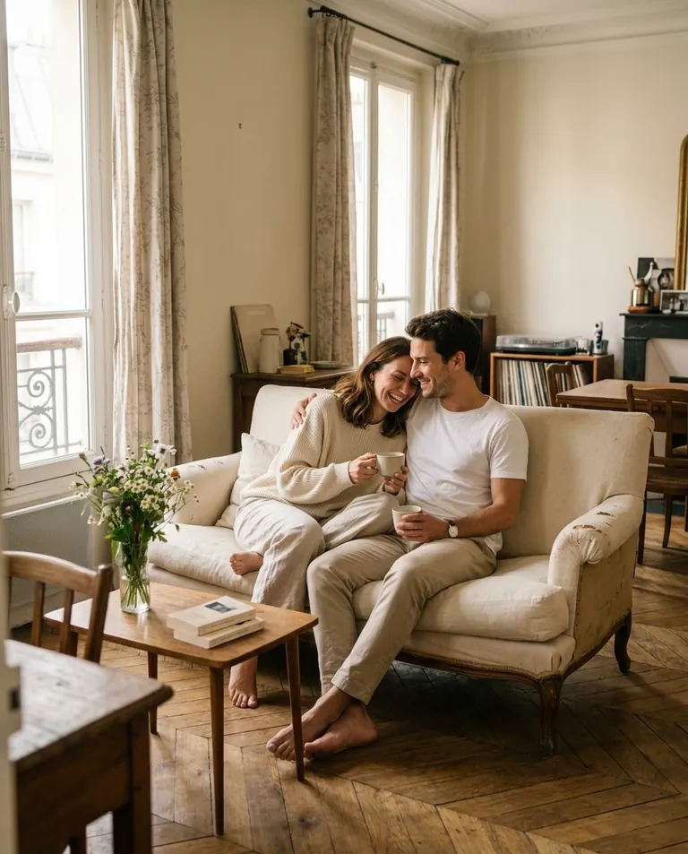 Clémence et Hugo prennent un café sur le canapé