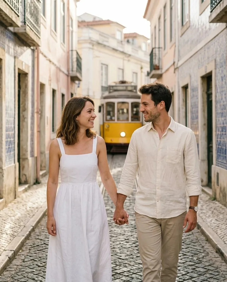 Clémence et Hugo main dans la main dans une rue de Lisbonne